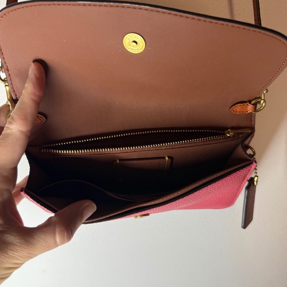 Hayden Crossbody Bag In Colorblock Brass/Watermelon Pink & Brown Pebbled Leather - Picture 8 of 9